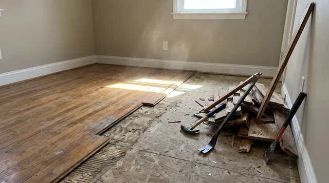 Old hardwood flooring partly torn out to the subfloor, with a pry bar, hammer and scraper beside the debris