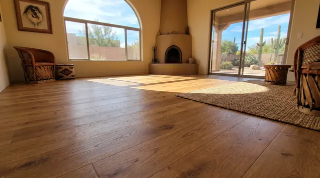 Wide-plank oak hardwood floor in a sunlit adobe-style living room with a kiva fireplace