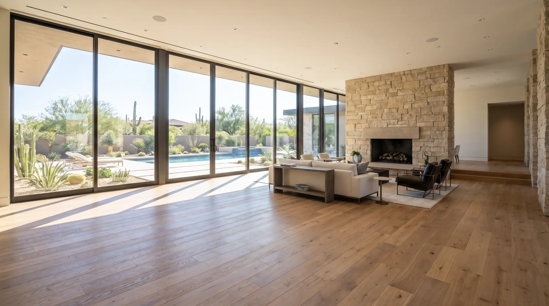 Wide-plank oak hardwood floor in an open Phoenix living room with a stone fireplace and floor-to-ceiling glass looking out on a desert pool yard