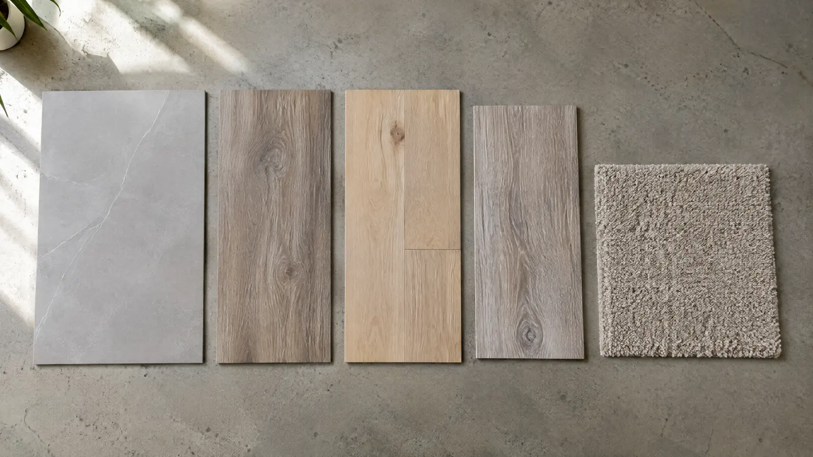 Porcelain tile, luxury vinyl plank, engineered hardwood, laminate and carpet samples side by side