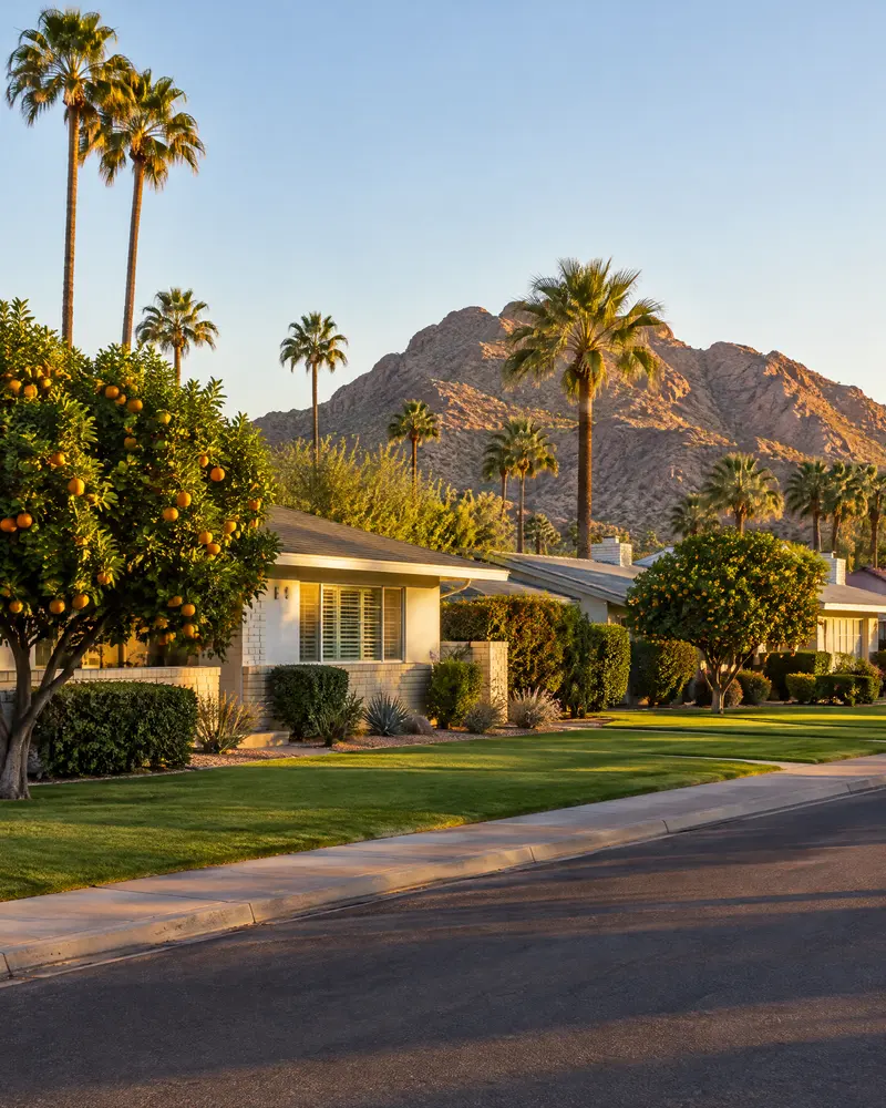 Arcadia neighborhood street in Phoenix with Camelback Mountain