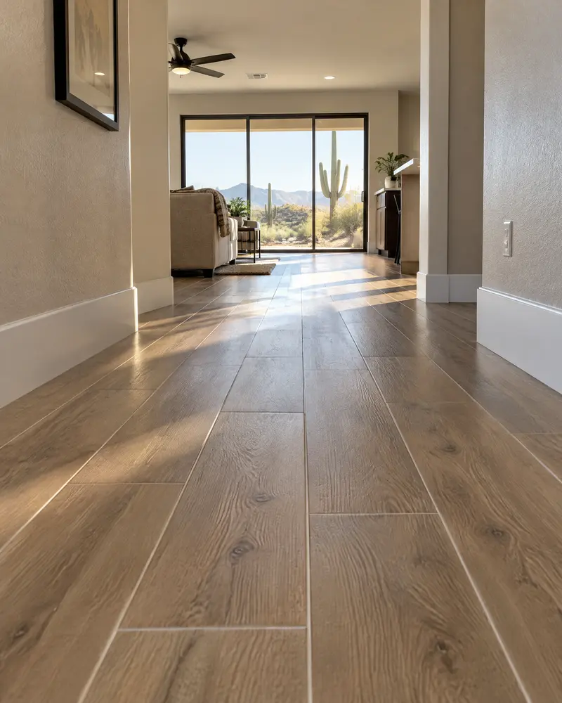 New wood-look porcelain plank tile in a Phoenix home hallway