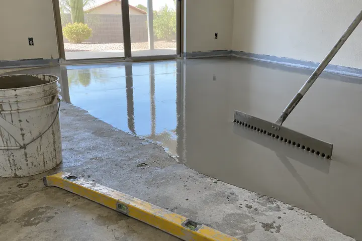Self-leveling compound spread over a concrete slab before flooring