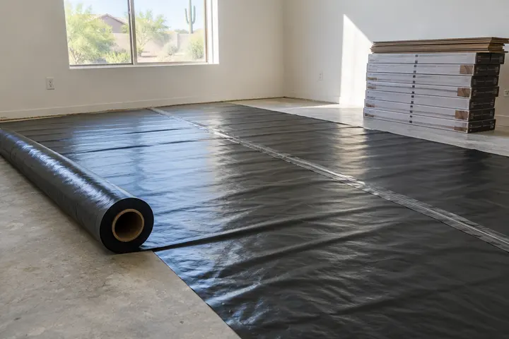 Moisture barrier underlayment rolled over a concrete slab
